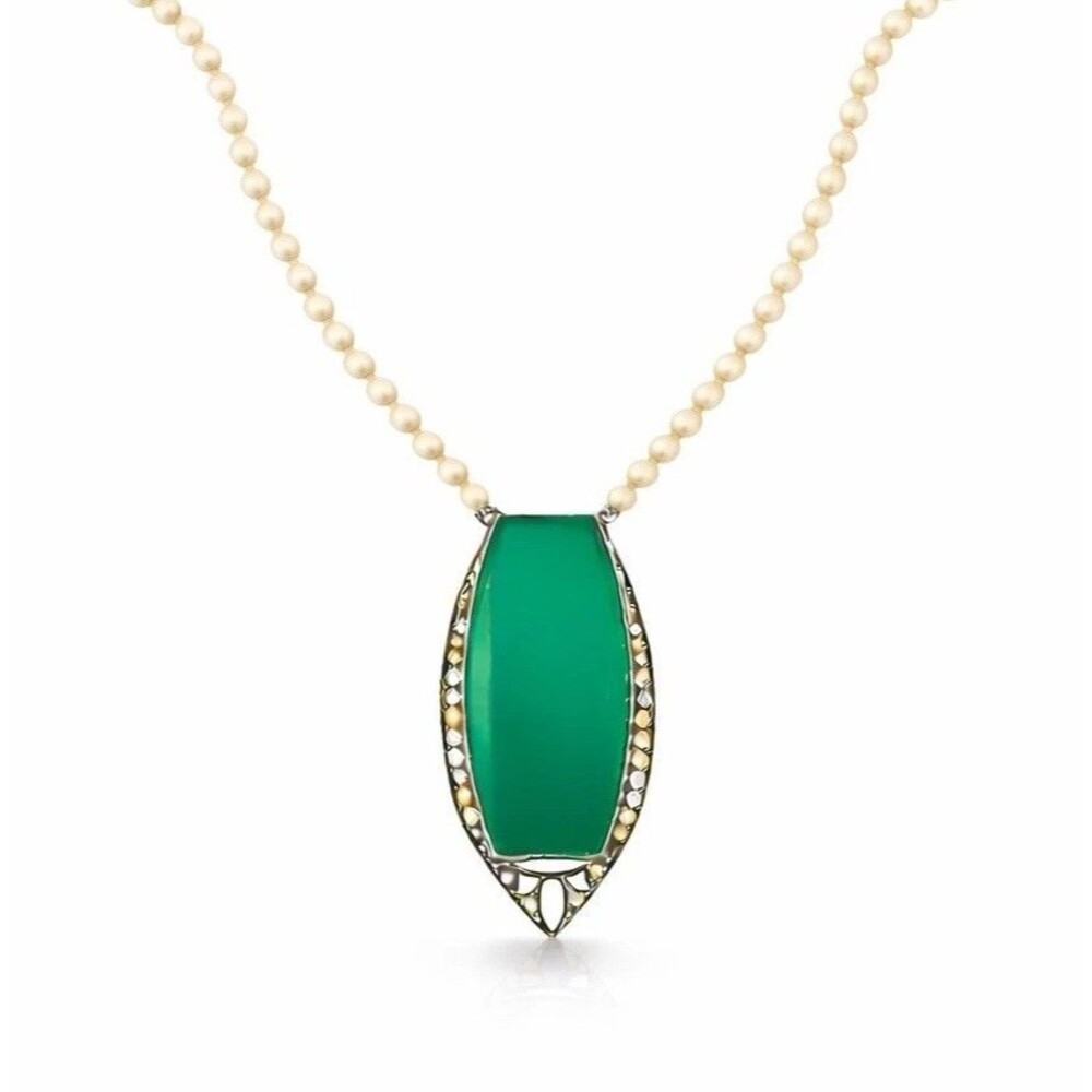 Art Deco Necklace Sterling Silver Green Chrysoprase Pendant Cultured Pearl